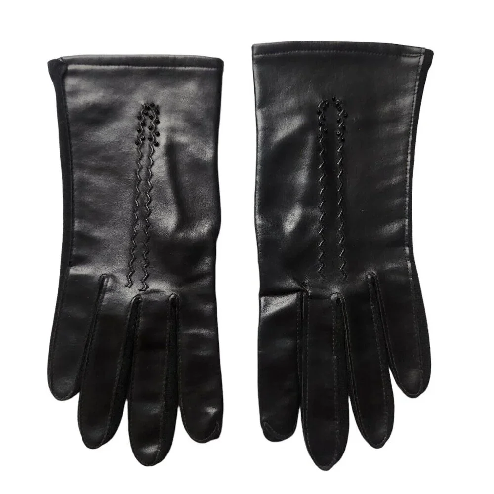 Vtg Made in Japan Black Beaded Vinyl Gloves Womens One Size Stretch Size 6.6-7